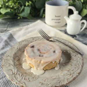 Gluten Free Cinnamon Roll Scone on a vintage looking plate