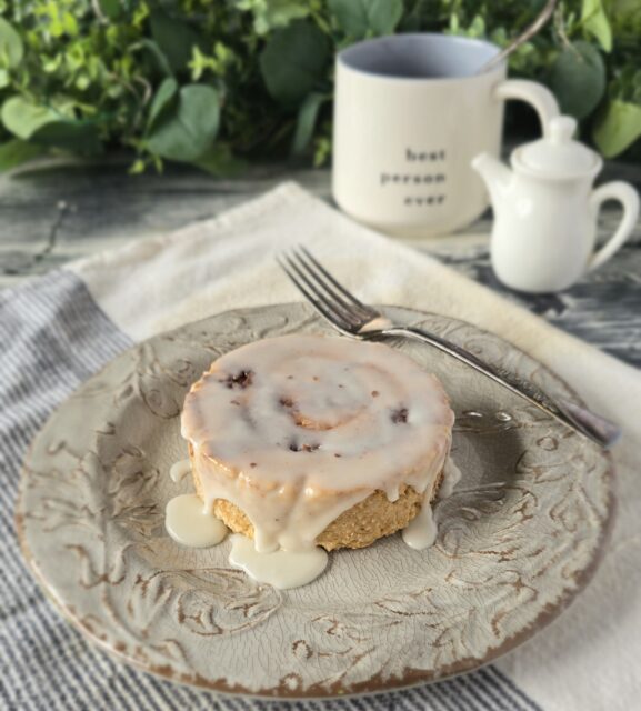 Gluten Free Cinnamon Roll Scone on a vintage looking plate